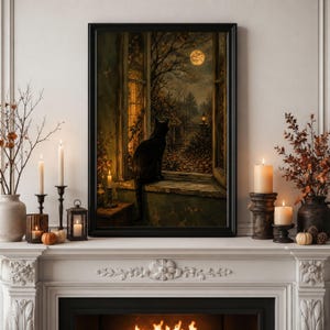 Black Cat Art Print, Moonlit Autumn Window Decor, Gothic Halloween Art