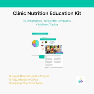 Può includere: Un kit di educazione nutrizionale per cliniche con il testo "Clinic Nutrition Education Kit" in un banner turchese. Il kit include 10 infografiche, modelli di newsletter e un wellness tracker. L'immagine include anche il testo "Expert-Backed Nutrition Content", "Fully Editable in Canva".