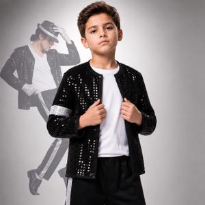 Kostium Michaela Jacksona Billie Jean dla dzieci | Czarny zestaw z cekinową kurtką i spodniami | Strój taneczny gwiazdy popu MJ, cosplay na Halloween
