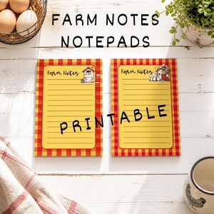 May include: Two rectangular notepads with a yellow center and a red and yellow checkered border. Each notepad features horizontal lines, the text Farm Notes, and a small illustration of a chicken coop with chickens. The word PRINTABLE is visible.