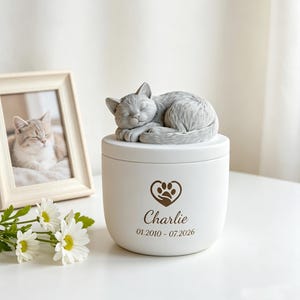May include: A white cylindrical pet urn featuring a sculpted grey sleeping cat on the lid. The front displays a brown heart icon with a paw print, the name Charlie, and the dates 01.2010 - 07.2026 printed in a dark brown serif font.
