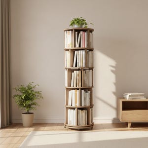 May include: A tall, cylindrical, light-wood rotating bookshelf with five circular tiers. Each tier is divided into four sections filled with various books. A small green potted plant sits on the top shelf of the unit, which stands on a circular base.