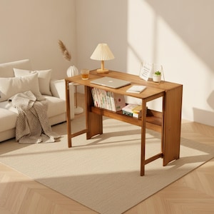 May include: A rectangular wooden desk with a smooth top surface, a lower storage shelf containing several books, and a hinged side panel. The desk is constructed from light brown wood and features a clean, functional design with four legs.