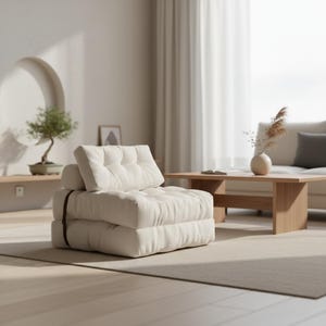 May include: A low-profile, off-white floor chair featuring a tufted, corduroy-textured fabric surface. The chair is constructed from stacked, rectangular cushions and includes a dark brown leather strap detail on the side for securing the folded form.