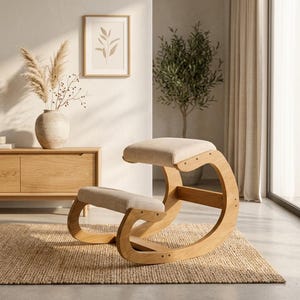 Peut inclure: Une chaise ergonomique à genoux dotée d'une structure en bois de chêne clair incurvé et de deux coussins recouverts de tissu beige. Le design comprend un siège incliné pour les hanches et une section rembourrée inférieure pour les genoux.