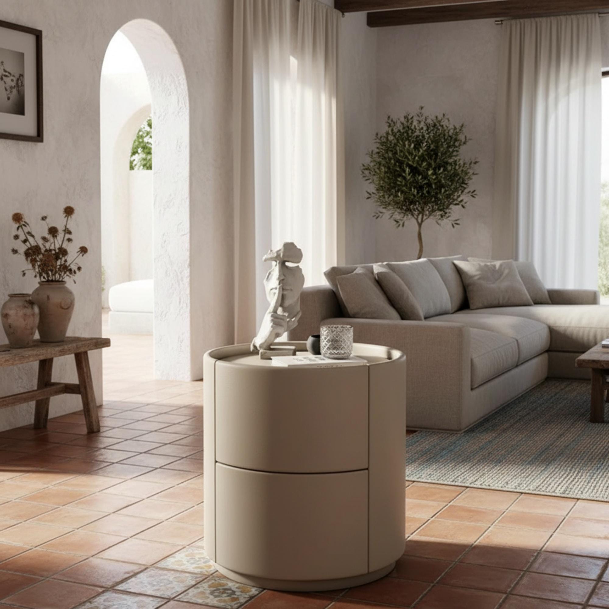 Table De Chevet Ronde En Bois Massif Avec 2 Tiroirs | Moderne Petite Armoire Rangement Pour Chambre D'appoint Canapé Minimaliste