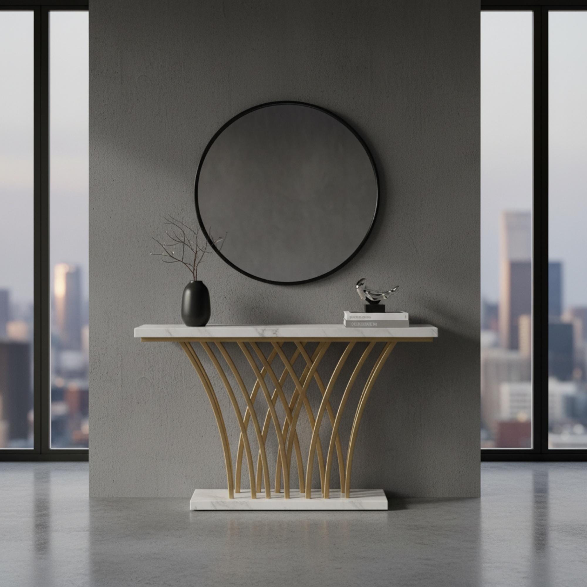 Console Dorée 59 Po. | Table D'entrée Moderne Avec Plateau En Faux Marbre De Canapé Couloir Luxe Base Géométrique Métal À Entrées Étroites