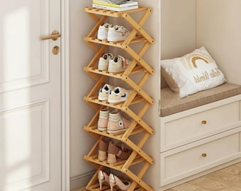 Zapatero plegable de bambú de 7 niveles / Organizador de zapatos sin montaje / Almacenamiento de zapatos para entradas estrechas / Estante de madera para zapatos de espacio reducido