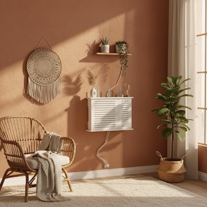 May include: A white wall-mounted router storage cabinet with horizontal slats, featuring a single door. The cabinet is positioned on a terracotta-coloured wall, accompanied by a rattan chair with a beige throw, a floating shelf with plants, and a potted plant.