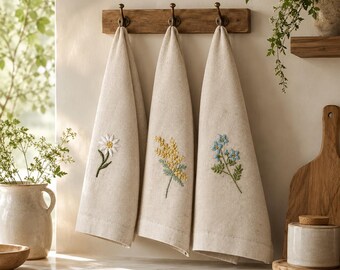 Embroidered Hemp Kitchen Towels Set of 3, Floral Hand Towel Gift