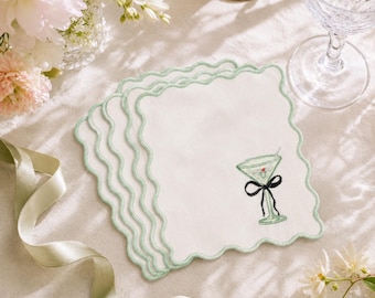 Embroidered Martini Napkin, Scalloped Cocktail Coaster, Elegant Table Napkin, 2 Sizes, Set of 4