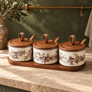 Set di barattoli per spezie in ceramica con coperchi e cucchiaini in legno, in stile vintage, per conservare caffè e condimenti.