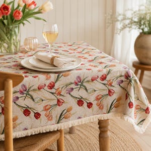 Tulip Cotton Linen Tablecloth, Floral Rectangular Table Cover, Cottage Farmhouse Dining Decor, 3 Sizes