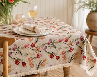Tulpanduk i bomull och linne, rektangulär blommig bordsduk, matdekor i lantlig stil, 3 storlekar