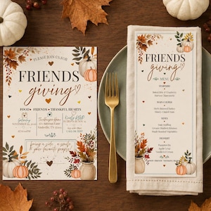 May include: A Friendsgiving invitation and menu card set featuring autumn-themed illustrations of pumpkins and fall foliage. The text includes event details, a menu list, and decorative hearts on a cream background with a gold fork and napkin.