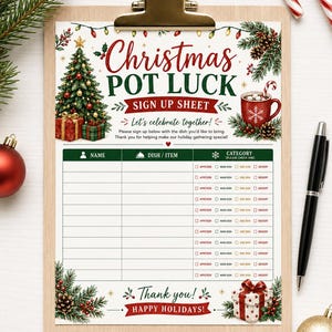 May include: A Christmas pot luck sign up sheet on a clipboard with a decorated tree, a mug of cocoa, and gift boxes. The text reads: Christmas POT LUCK SIGN UP SHEET, Let's celebrate together!, Please sign up below, Thank you!, HAPPY HOLIDAYS!