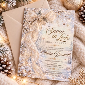 May include: A rectangular bridal shower invitation card featuring a winter landscape with snow-covered trees, a large gold ribbon, and snowflakes. The text reads: Snow in Love, BRIDAL SHOWER, Olivia Bennett, Saturday, December 13, 2026, at 2:00 PM.