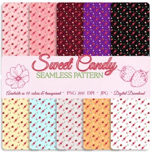 Puede incluir: Una colección digital de patrones sin costuras con fresas y caramelos envueltos en diez colores de fondo distintos, incluyendo rosa, morado, negro, amarillo y azul. El texto dice Sweet Candy SEAMLESS PATTERN, Available in 10 colors & transparent, PNG 300 DPI, JPG, Digital Download.