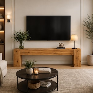 May include: A long, rectangular light brown wooden media console table with a natural grain finish, positioned beneath a large, flat-screen television mounted on a plain wall, featuring sturdy block legs and a clean, horizontal design.