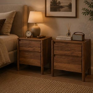 May include: Two matching wooden nightstands, each featuring two horizontal drawers with a natural wood grain finish. The nightstands are rectangular with four sturdy legs, providing a stable base for bedside items in a bedroom setting.
