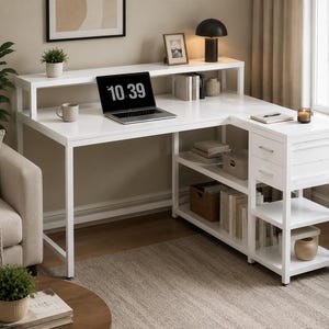 May include: A white L-shaped desk featuring a raised upper shelf, a main workspace, and a side storage unit with two drawers and three open shelves. The desk is constructed with a metal frame and white surfaces, providing space for a laptop.