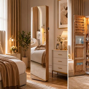 Full Length LED Mirror Jewelry Armoire Cabinet with Lock, Makeup Storage, Cosmetic Organizer & Freestanding Design