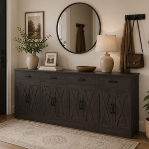 May include: A long, dark wood sideboard console table featuring four drawers and four cabinet doors with an X-pattern design. The piece has black metal hardware, a flat top surface, and a sturdy rectangular base, providing storage for a home entryway.