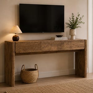 May include: A rectangular wooden console table with a natural grain finish and a long drawer across the front. The table is topped with a small lamp with a pleated shade, a stack of books, a small dark bowl, and a vase with green foliage.