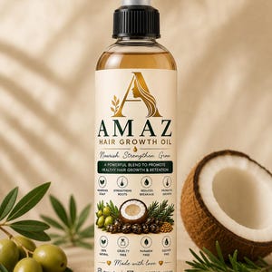 May include: A clear plastic bottle of Amaz Hair Growth Oil with a black applicator cap. The label features a gold letter A logo, text reading Nourish. Strengthen. Grow., and icons for scalp nourishment, root strengthening, and breakage reduction.