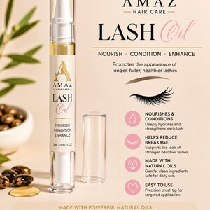 May include: A clear plastic tube of Amaz Hair Care Lash Oil with a white applicator tip and cap. The label reads Nourish, Condition, Enhance, 3ml / 0.10 fl oz. The packaging highlights ingredients like Jamaican black castor oil, jojoba oil, and vitamin E.