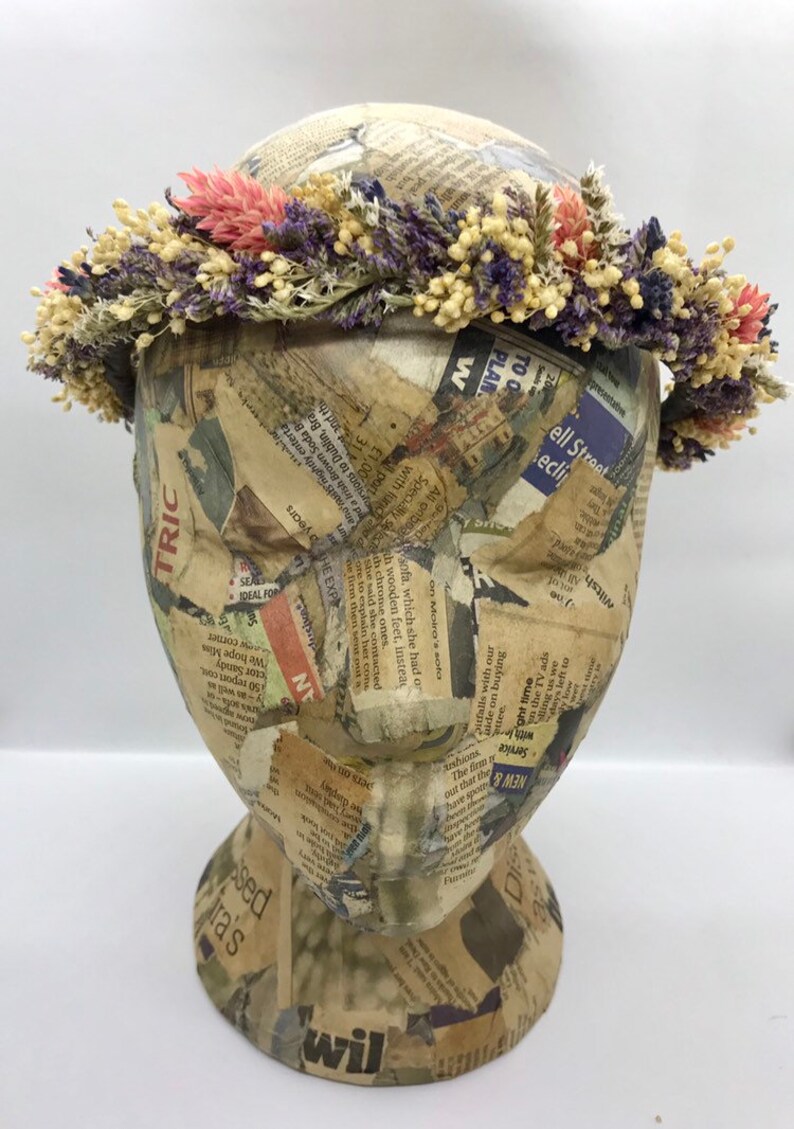 Real dried flower crown with pink,purple and cream real flowers