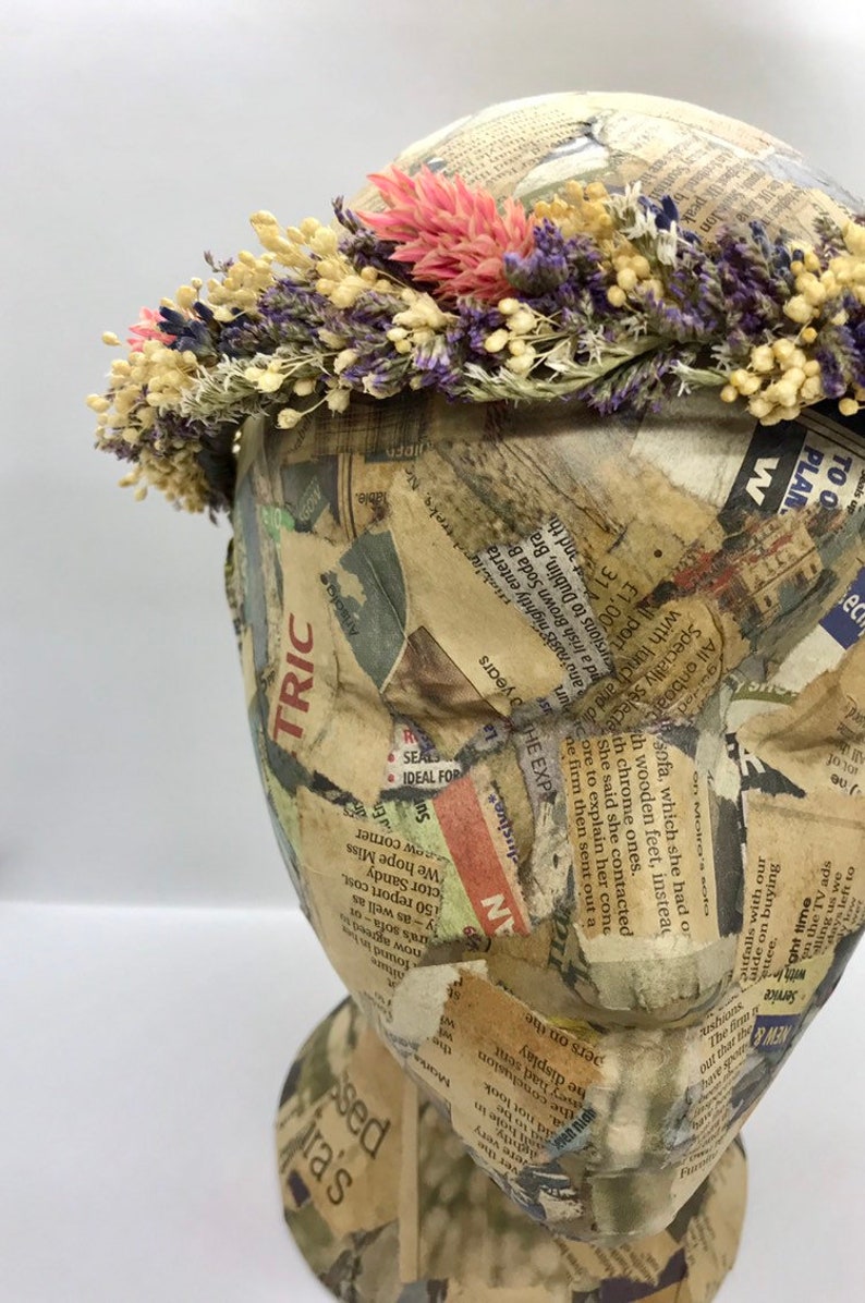 Real dried flower crown with pink,purple and cream real flowers