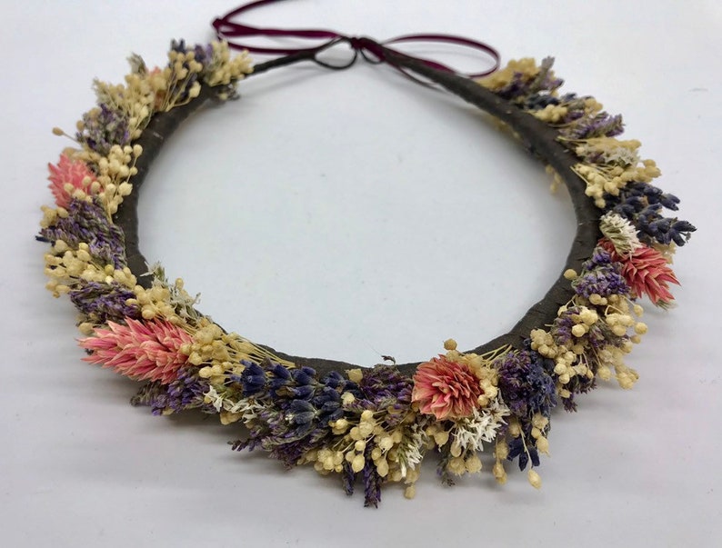 Real dried flower crown with pink,purple and cream real flowers