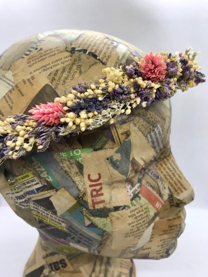 Real dried flower crown with pink,purple and cream real flowers