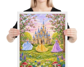 Quadro incorniciato con castello da principessa / Stampa per cameretta da bambina ispirata alle fiabe