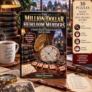 Könnte beinhalten: Ein Buch mit dem Titel The Million-Dollar Heirloom Murders, das eine goldene Taschenuhr, Scrabble-Steine mit der Aufschrift HELP ME und Blutspritzer auf dem Cover zeigt. Das Buch enthält 30 Rätsel, acht Verdächtige und ein tödliches Geheimnis.