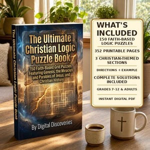 Op de afbeelding: Een boek getiteld The Ultimate Christian Logic Puzzle Book met een steenachtige kaft met een raster, naast een tekstvak met 150 geloofsraadsels, 352 printbare pagina's en oplossingen, samen met een klein kopje en een mok met een kruis.