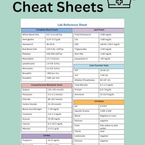 May include: A Nursing Lab Cheat Sheets document featuring a Lab Reference Sheet with tables for Complete Blood Count, Lipid Panel, Liver Function Tests, Comprehensive Metabolic Panel, Cardiac markers, and Urinalysis with specific medical ranges.
