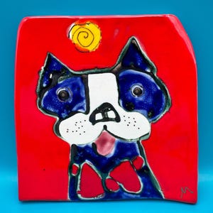 Vintage 1990's Suzanne Wallace Mears Ceramic Pop Art Boston Terrier