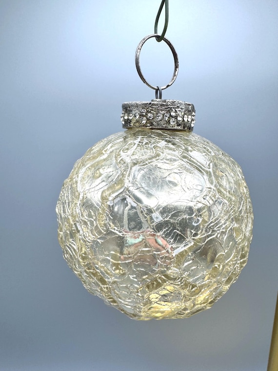 Vintage Kugel Mercury Glass Ornament, Silver Crackle Bauble, Jeweled Cap