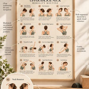 Peut inclure: Une affiche pédagogique encadrée intitulée Upper Back & Neck Mobility Routine présentant 12 illustrations numérotées d'exercices. Chaque section comprend un titre descriptif, une démonstration visuelle du mouvement et des instructions écrites.