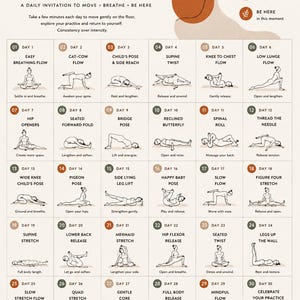 Peut inclure: Un tableau de séquence de yoga au sol de 30 jours présentant des poses quotidiennes numérotées avec des illustrations et des instructions textuelles. L'affiche comprend un suivi quotidien, un titre et trois principes directeurs pour la pratique.