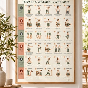 Könnte beinhalten: Ein rechteckiges Wandposter mit dem Titel CONSCIOUS MOVEMENT & GROUNDING, das dreißig nummerierte Illustrationen einer Person bei verschiedenen Yoga- und Dehnübungen zeigt, unterteilt in sechs farbcodierte Abschnitte auf hellem Grund.