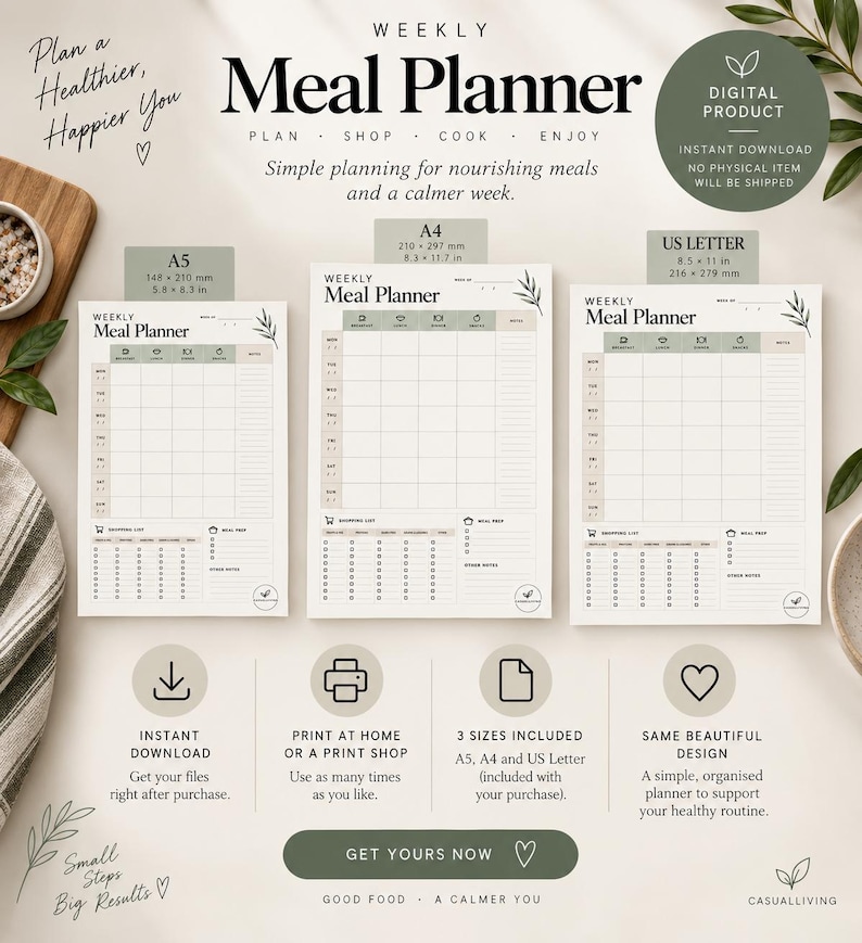 Weekly Meal Planner Printable PDF | Grocery List & Meal Prep | Digital ...