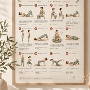 May include: A framed instructional poster titled Kegel Exercises for Women, featuring twelve numbered illustrations of a person performing pelvic floor training exercises with descriptive text and instructions for each movement, set against a light background.