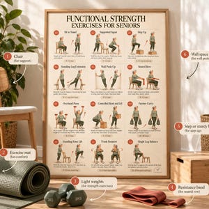 Könnte beinhalten: Ein gerahmtes Lehrposter mit dem Titel Functional Strength Exercises for Seniors, das zwölf nummerierte Illustrationen von Übungsbewegungen zeigt. Das Poster enthält Textbeschreibungen, eine aufgerollte grüne Matte, zwei 2kg-Hanteln und ein rotes Widerstandsband.