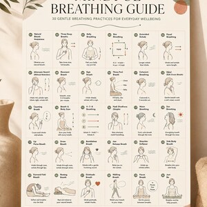 Peut inclure: Une affiche rectangulaire intitulée Everyday Breathing Mindful Breathing Guide présentant 30 illustrations numérotées de techniques de respiration avec instructions. Le design utilise des tons neutres, des dessins au trait et des icônes sur fond crème.