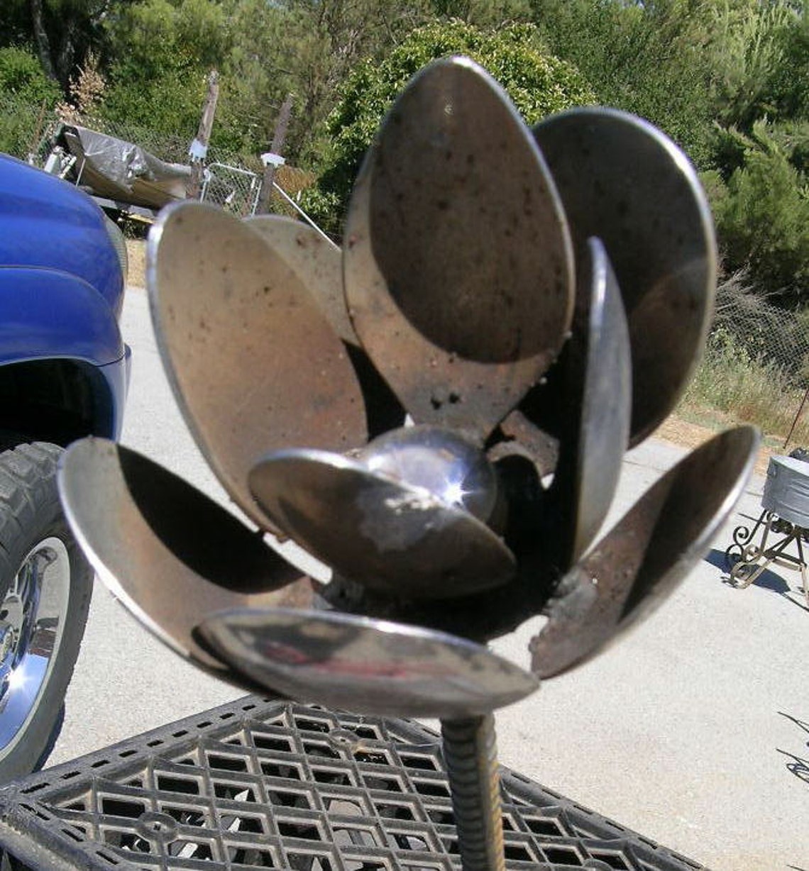 Metal Yard Art Flower Made From Spoons Recycled Etsy