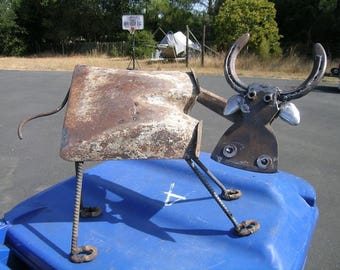 bull metal yard art made from recycled parts