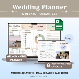 Puede incluir: Un planificador de bodas digital y organizador de escritorio en dos pantallas de portátil. La interfaz incluye presupuestos, listas de tareas, horarios y fotos. Iconos de Excel y Canva visibles. Texto: "Wedding Planner & Desktop Organizer", "All-in-one planner", "8 desktop organizer layouts", "Auto calculations | Fully editable | Easy to use" y "Made by Blessday".